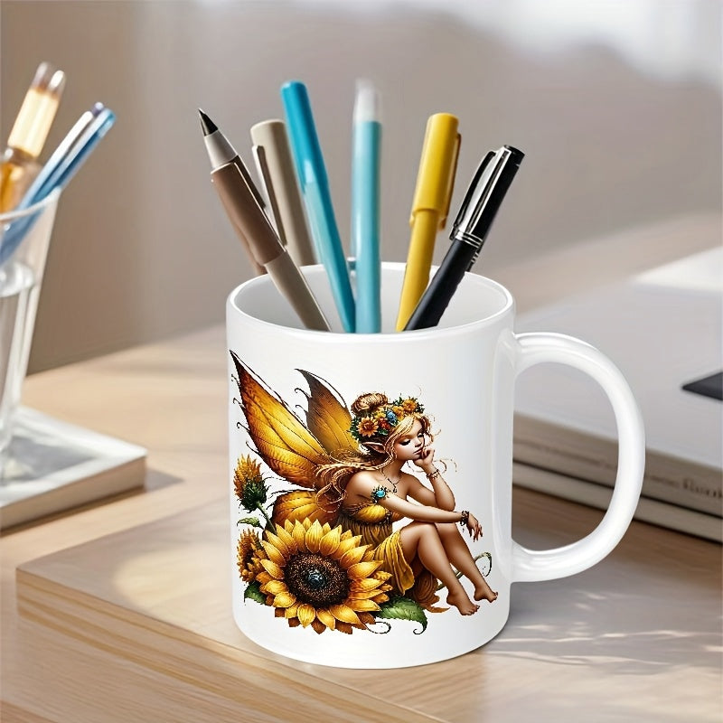 Tailorly White Ceramic 11 oz Mug - Enchanted Golden Winged Fairy Sitting Beside A Large Blooming Sunflower Fairy