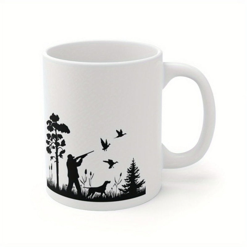 Tailorly White Ceramic 11 oz Mug - Black Silhouette Scene Of Outdoor Wild Hunting With Dog And Birds Hunter