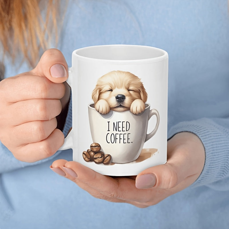 Tailorly White Ceramic 11 oz Mug - I Need Coffee Adorable Golden Retriever Puppy Sleeping Peeking Over A Small Cup Puppy