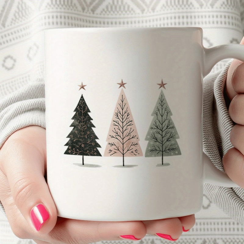 Tailorly White Ceramic 11 oz Mug - Three Minimalist Trees Featuring Delicate Stars And Earthy Muted Tones Tree