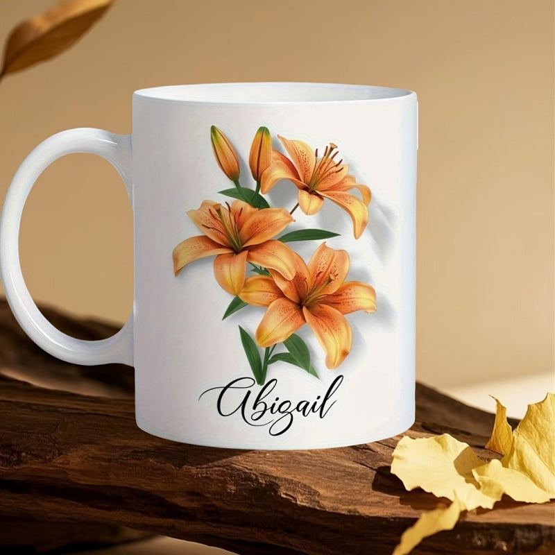 Tailorly White Ceramic 11 oz Mug - Abigail Vibrant Orange Petals Blooming Gracefully Among Fresh Green Leaves Lily