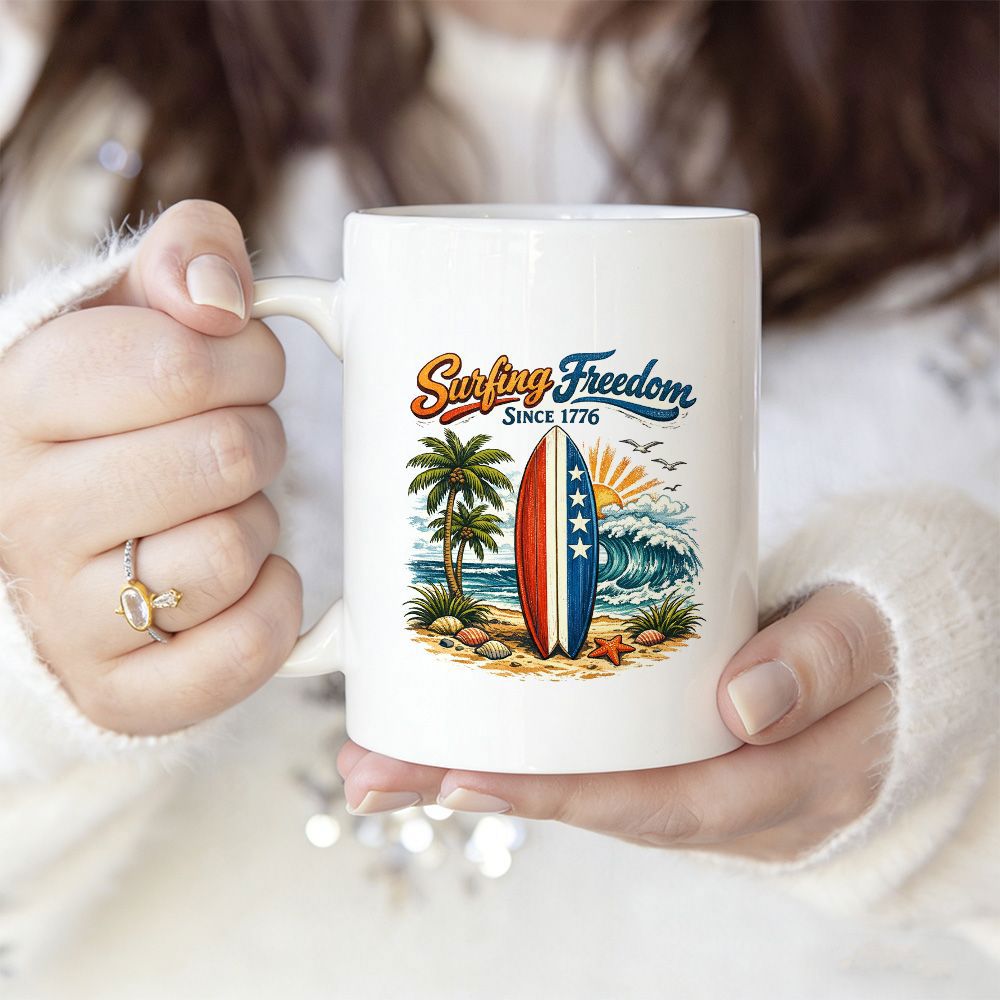 Tailorly White Ceramic 11 oz Mug - Surfing Freedom Since 1776 Vintage Tropical Beach Scene Featuring Palm Trees And Ocean Waves Under Sun Surfboard