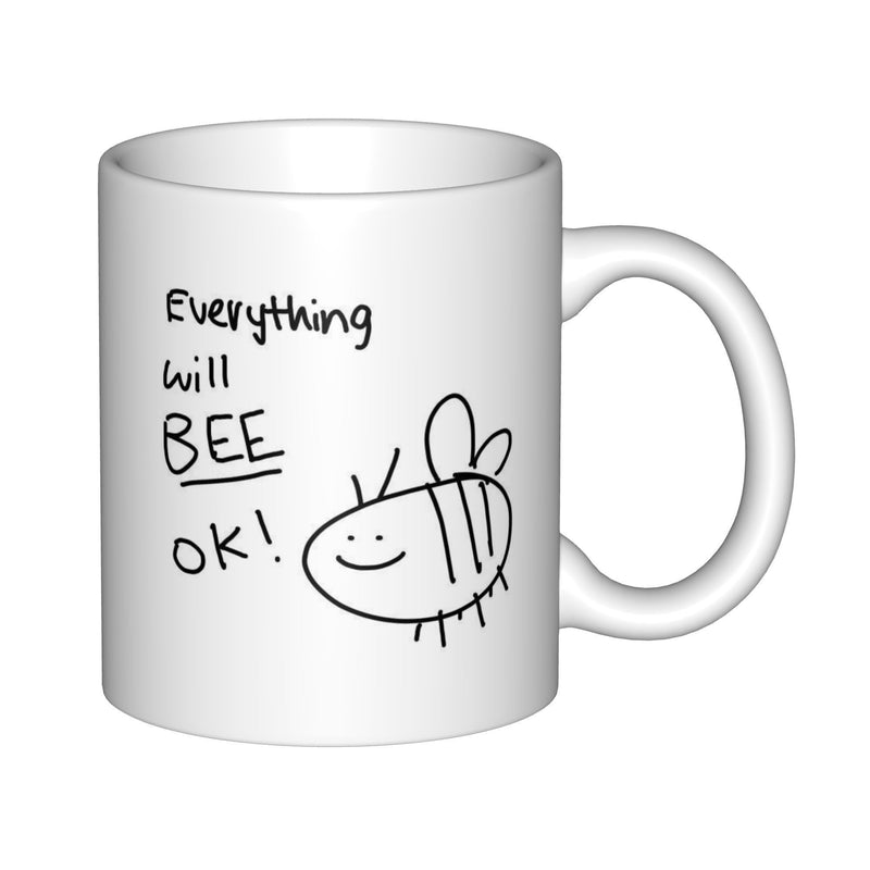Tailorly White Ceramic 11 oz Mug - Everything Will Bee Ok Simple Hand Drawn Minimalist Line Art Sketch Of A Friendly Smiling Bumble Bee