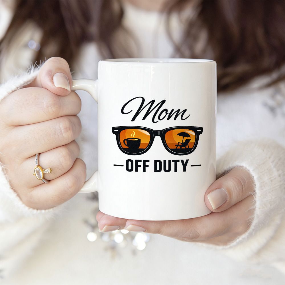Tailorly White Ceramic 11 oz Mug - Mom Off Duty Stylish Dark Sunglasses Reflecting A Tropical Summer Beach Scene Sunglasses