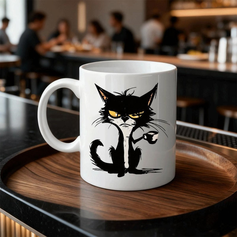 Tailorly White Ceramic 11 oz Mug - Grumpy Scruffy Black Illustration Of A Sitting Coffee Drinking Cat