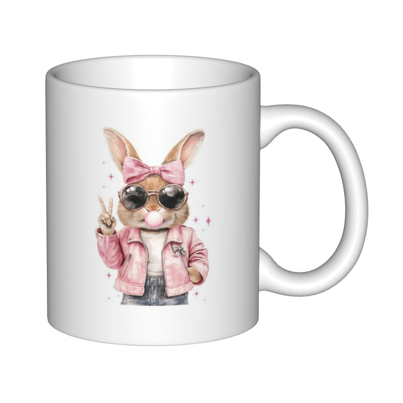 Tailorly White Ceramic 11 oz Mug - Cool Pink Dressed Bunny Character Blowing Bubblegum Wearing Heart Sunglasses Rabbit