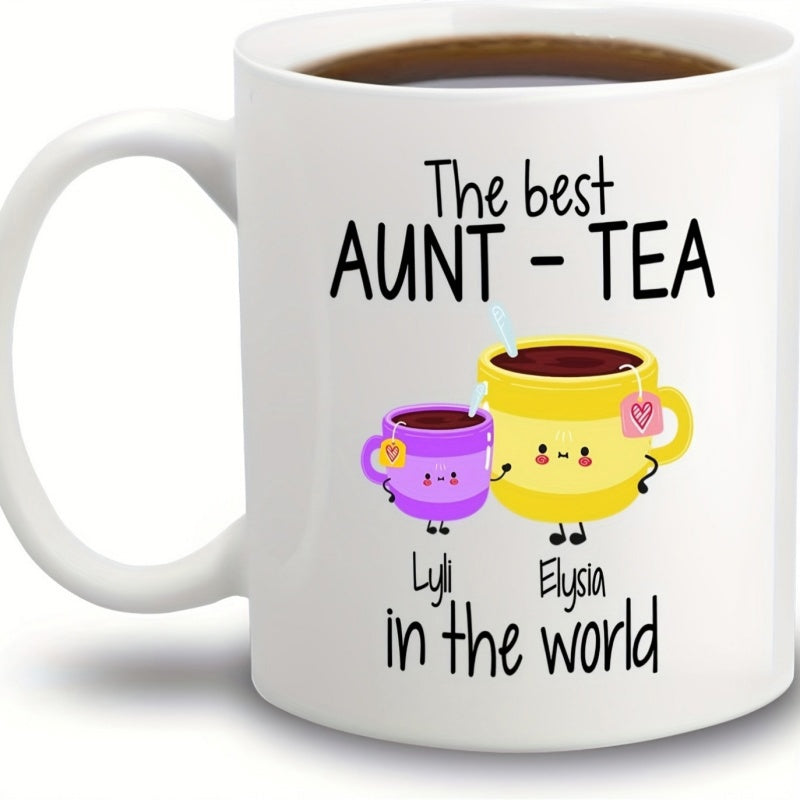 Tailorly White Ceramic 11 oz Mug - The Best Aunt Tea In The World Two Cute Smiling Kawaii Cartoon Characters Holding Hands Teacup