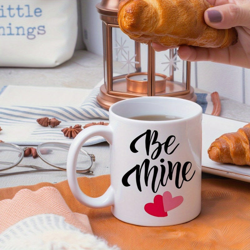 Tailorly White Ceramic 11 oz Mug - Be Mine Elegant Script Typography With Overlapping Red And Pink Romantic Valentine Heart