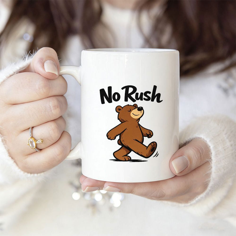 Tailorly White Ceramic 11 oz Mug - No Rush Joyfully Walking Brown Cartoon Animal With Friendly Smile Bear
