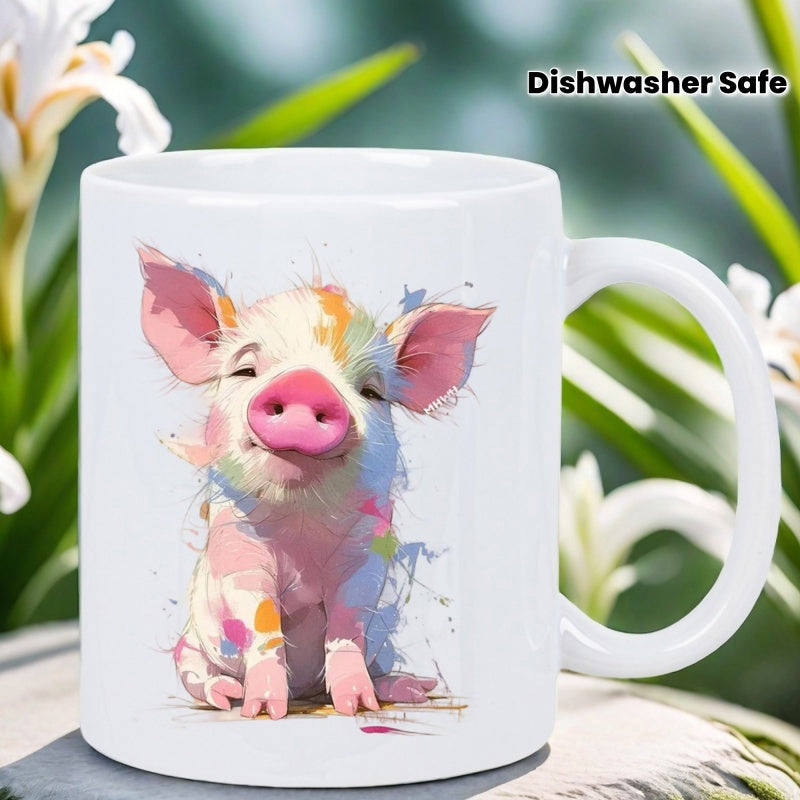 Tailorly White Ceramic 11 oz Mug - Vibrant Watercolor Paint Splatters With Bright Artistic Colors Creating Cute Pig