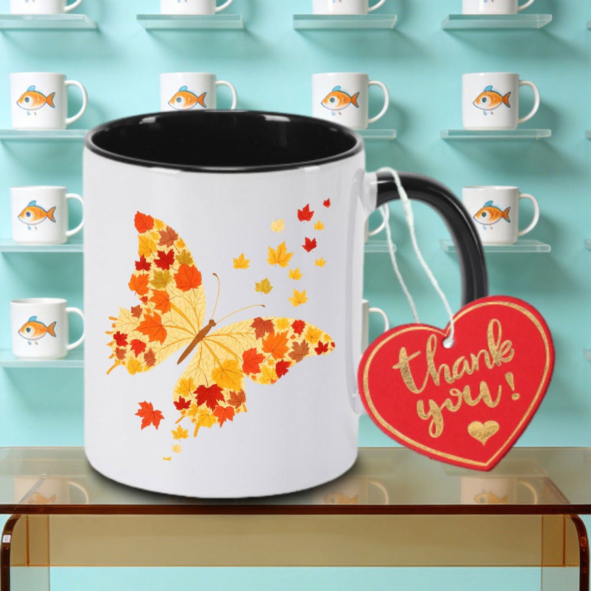 Tailorly Black Accent 11 oz Mug - Red Orange and Yellow Fall Leaves Logo