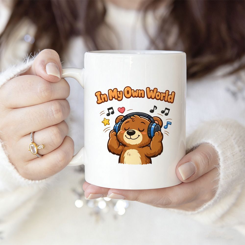 Tailorly White Ceramic 11 oz Mug - In My Own World Cute Cartoon Brown Bear Wearing Blue Headphones Enjoying Music Bear