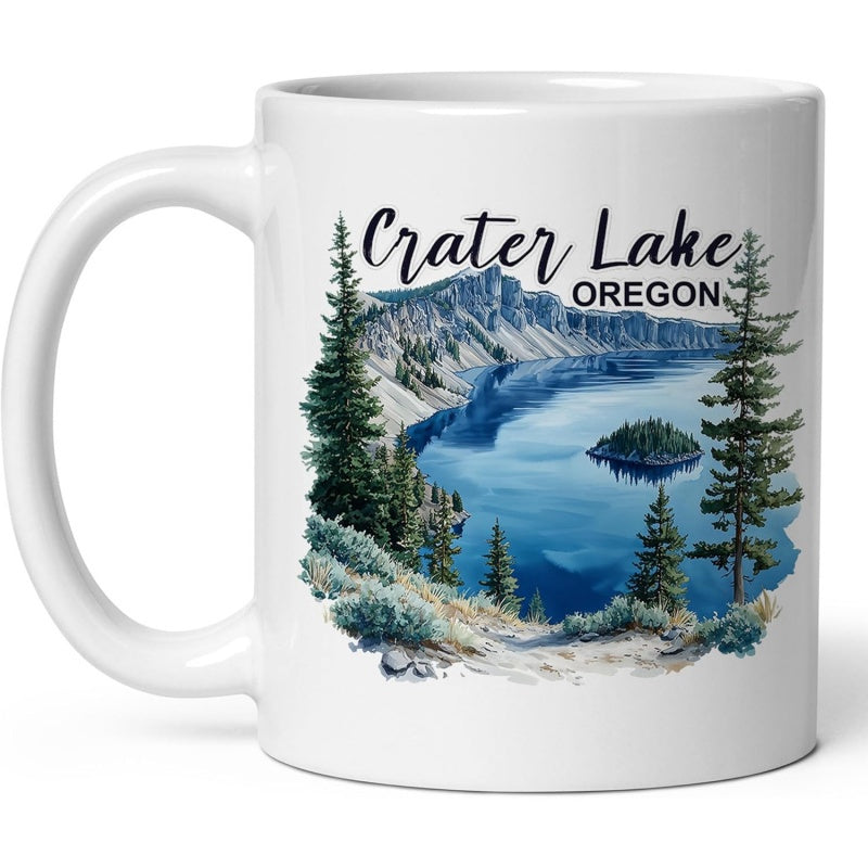 Tailorly White Ceramic 11 oz Mug - Crater Lake Oregon Lush Evergreen Trees Overlooking Deep Blue Mountain Water Lake