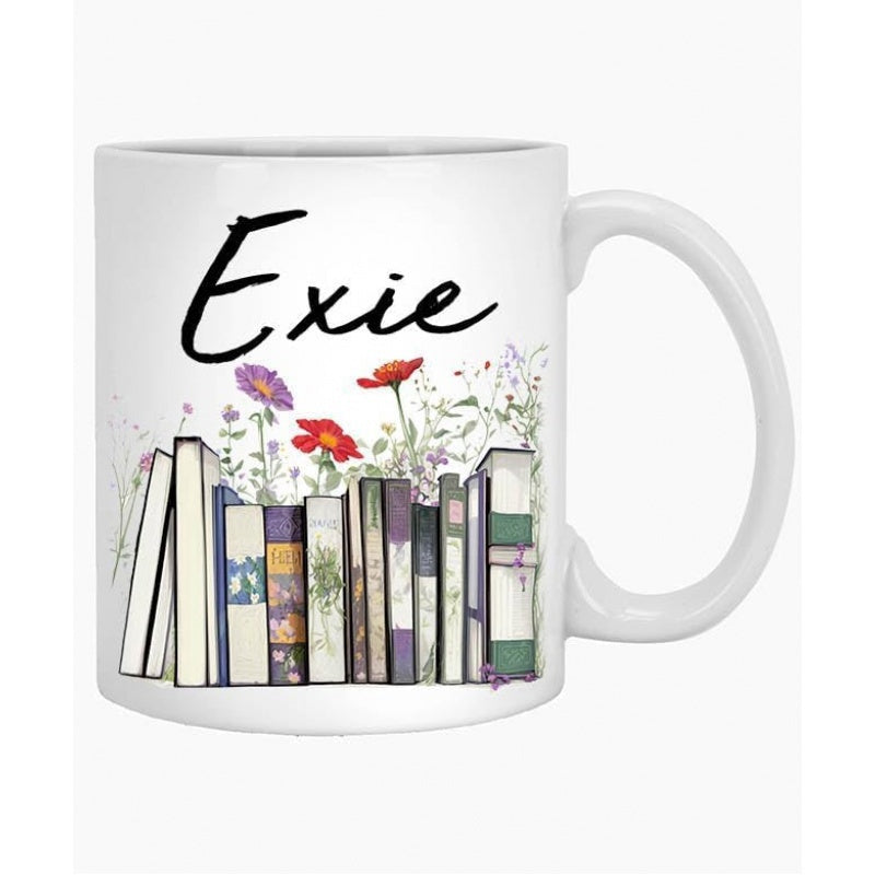 Tailorly White Ceramic 11 oz Mug - Exie Vibrant Wildflowers Blooming From A Row Of Classic Vintage Library Books