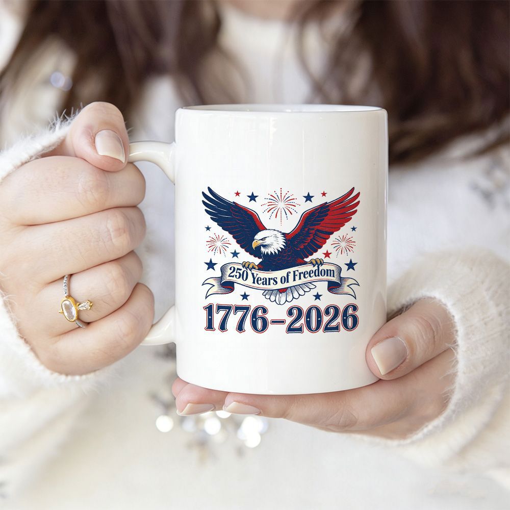 Tailorly White Ceramic 11 oz Mug - 250 Years Of Freedom 1776 2026 Majestic Bald Eagle Spreading Patriotic Wings Among Stars And Radiant Sunburst Eagle