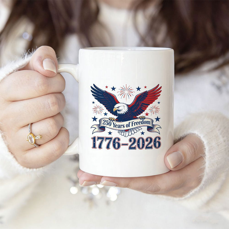 Tailorly White Ceramic 11 oz Mug - 250 Years Of Freedom 1776 2026 Majestic Bald Eagle Spreading Patriotic Wings Among Stars And Radiant Sunburst Eagle