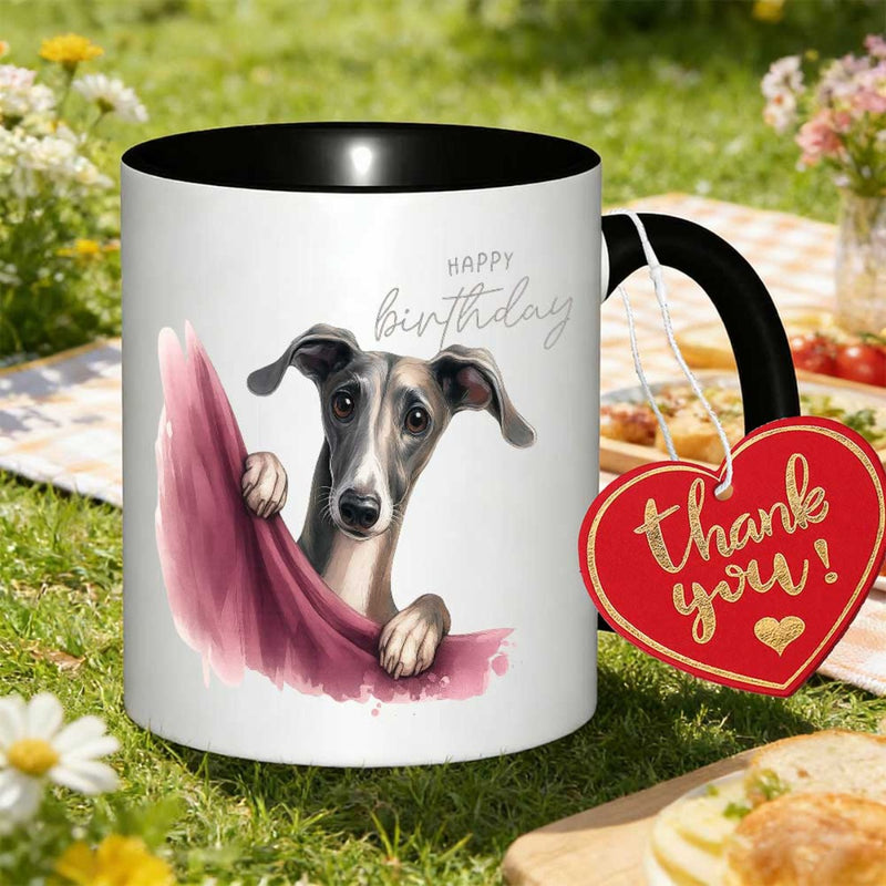 Tailorly Black Accent 11 oz Mug - magical greyhound with happy birthday message