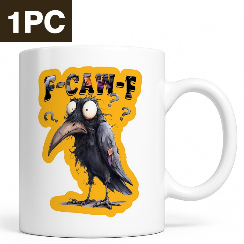 Tailorly White Ceramic 11 oz Mug - F Caw F Disheveled Black Bird With Large Bulging Eyes Among Question Marks Crow