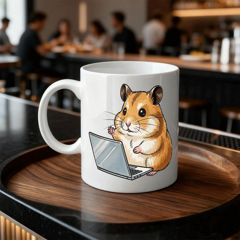 Tailorly White Ceramic 11 oz Mug - Adorable Furry Small Animal Working On A Portable Computer Laptop Hamster