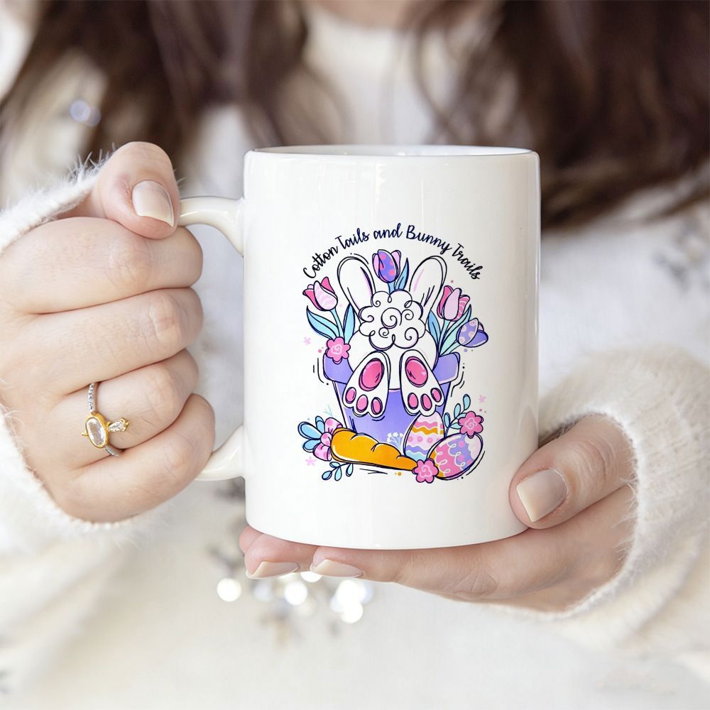 Tailorly White Ceramic 11 oz Mug - Cotton Tails And Bunny Trails Adorable Fluffy White Rabbit Hiding Among Vibrant Spring Tulips And Carrot Bunny