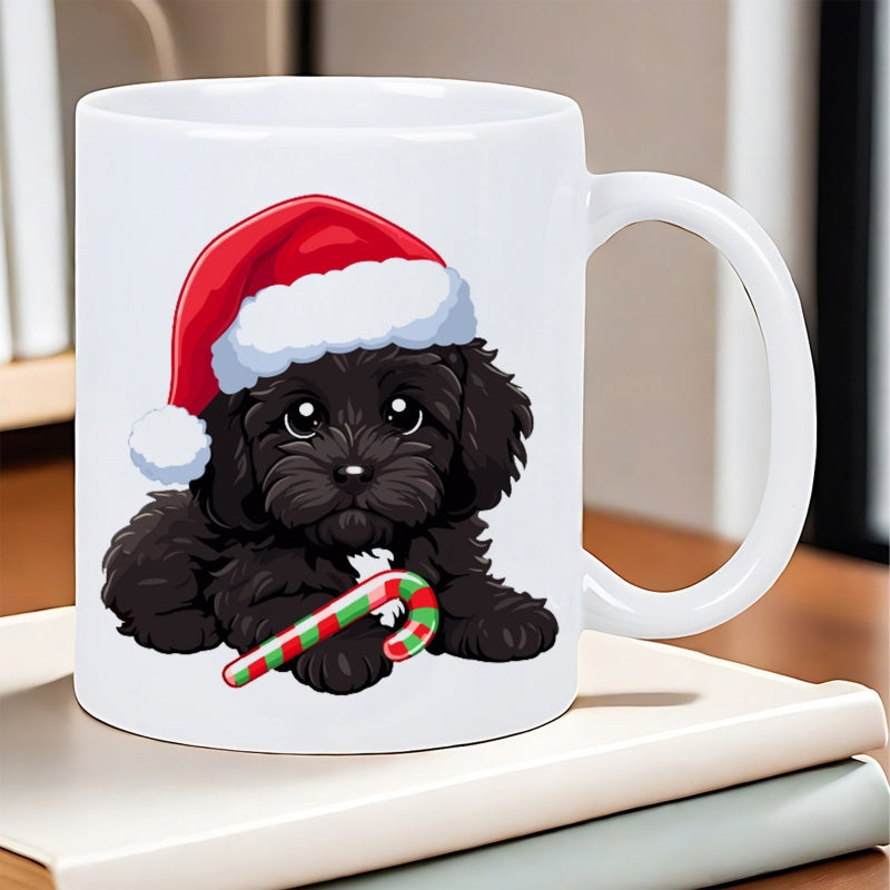 Tailorly White Ceramic 11 oz Mug - Adorable Fluffy Black Puppy Wearing A Festive Red Santa Hat Dog