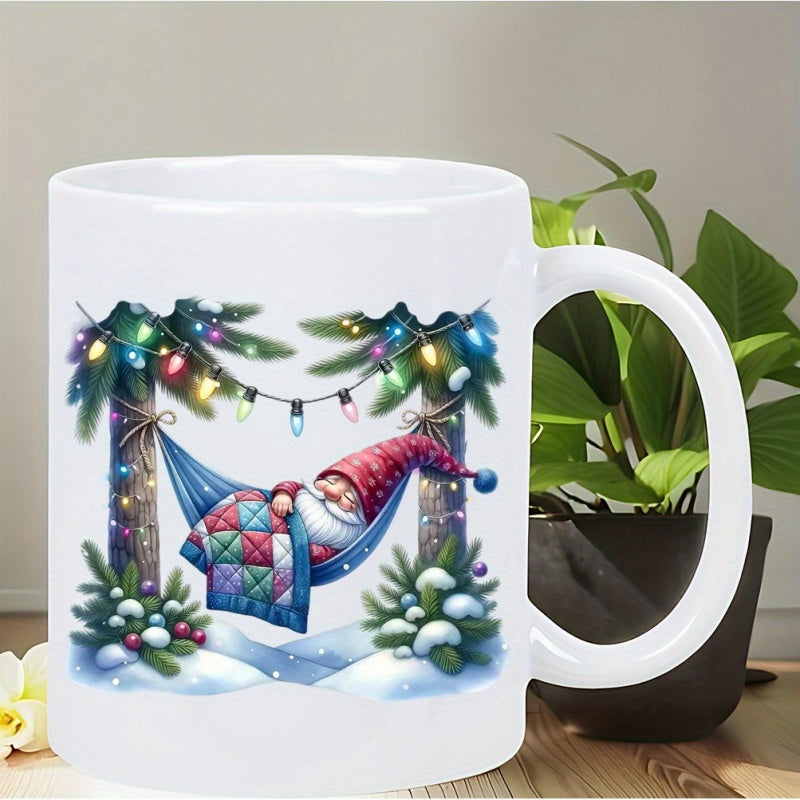 Tailorly White Ceramic 11 oz Mug - Sleeping In A Blue Hammock Between Snowy Pine Trees Under Festive Lights Gnome