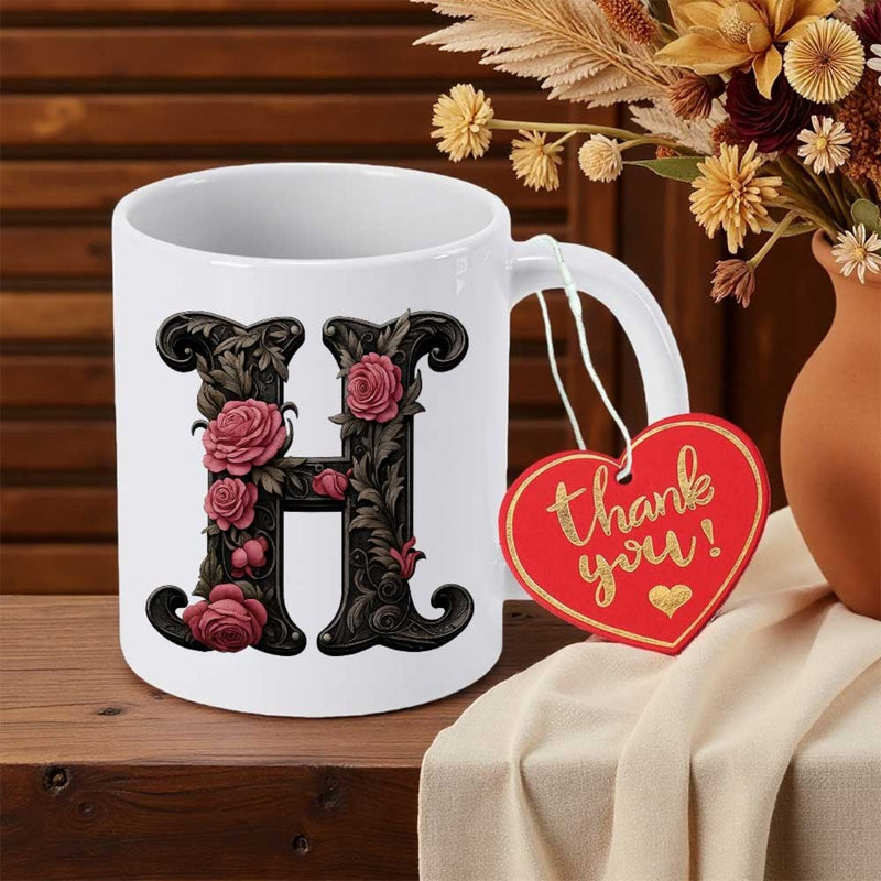Tailorly White Ceramic 11 oz Mug - H Thank You Ornate Black Monogram Adorned With Elegant Pink Roses And Floral Vines Letter