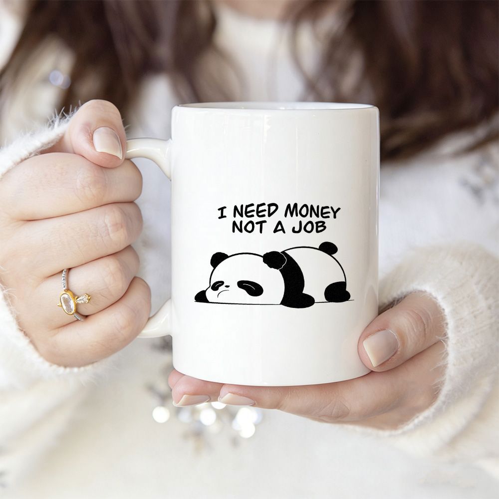 Tailorly White Ceramic 11 oz Mug - I Need Money Not A Job Lazy Cartoon Character Lying Flat In A Relaxed Tired Pose Panda