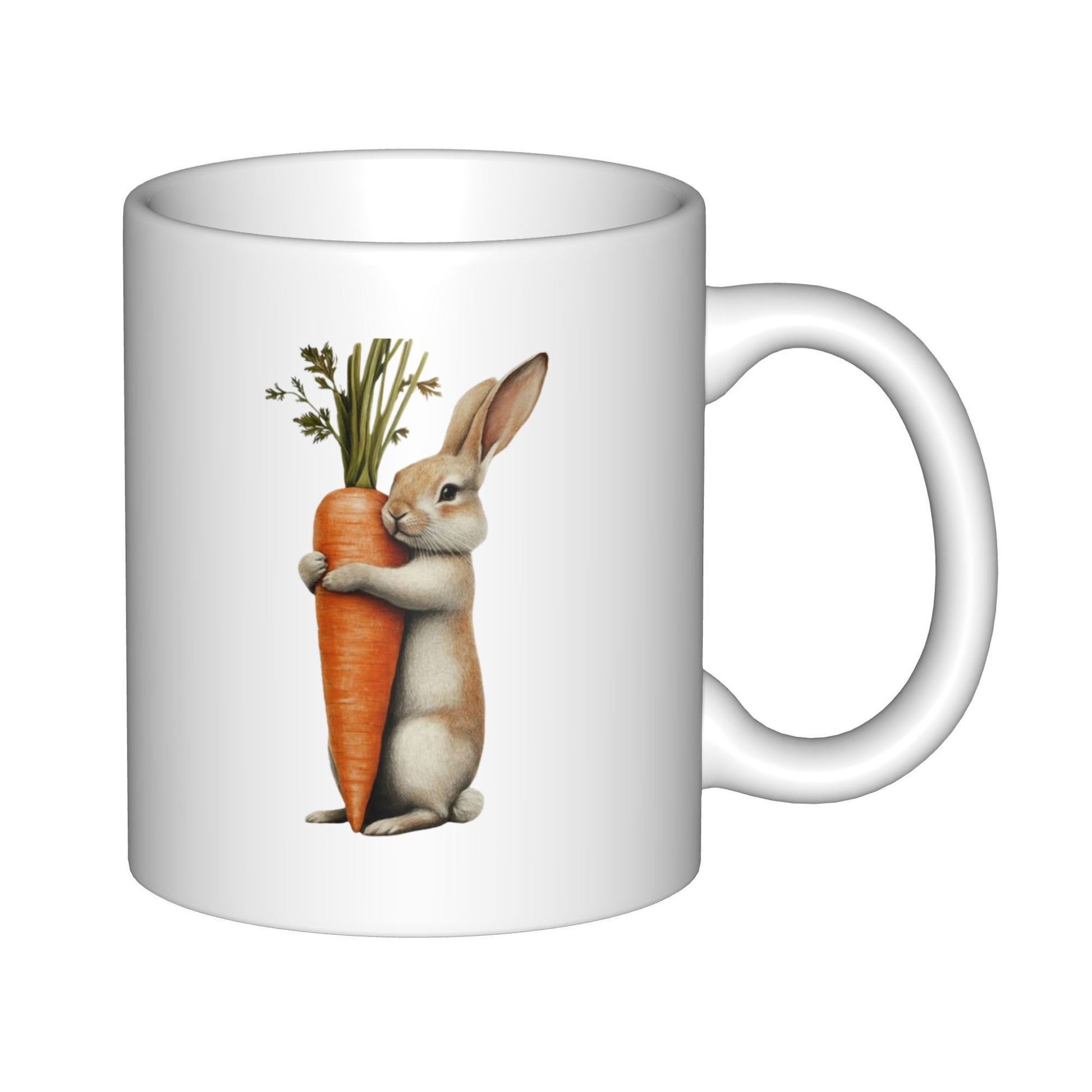 Tailorly White Ceramic 11 oz Mug - Cute Brown Bunny Hugging A Large Fresh Orange Garden Rabbit