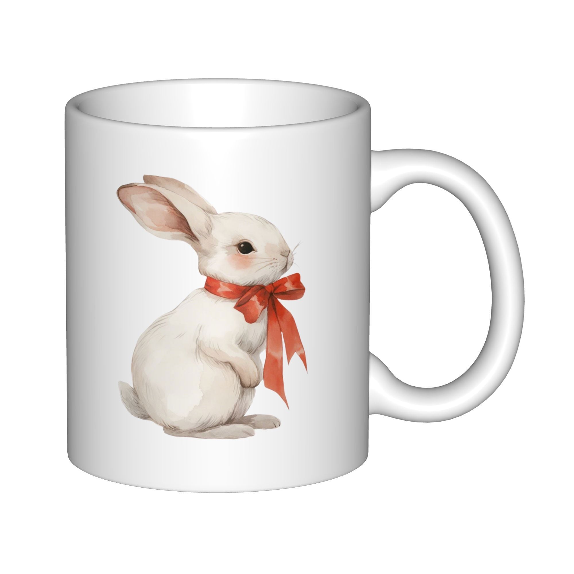 Tailorly White Ceramic 11 oz Mug - Adorable Fluffy White Bunny Wearing A Vibrant Red Festive Ribbon Rabbit