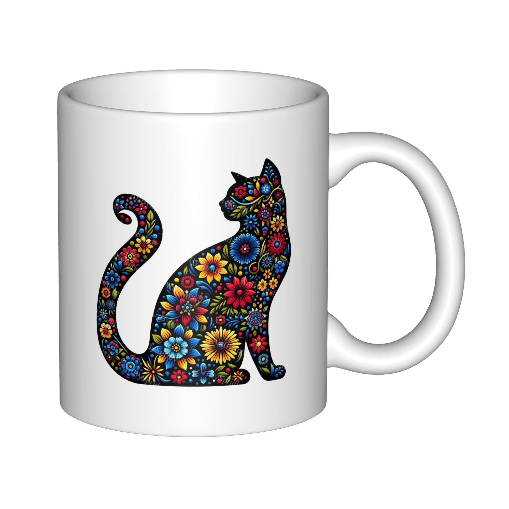 Tailorly White Ceramic 11 oz Mug - Artistic Silhouette Filled With Vibrant Colorful Folk Art Style Flowers Cat