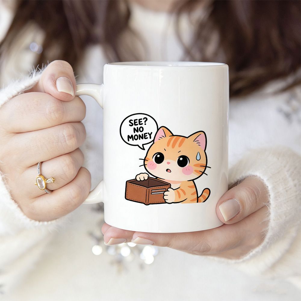 Tailorly White Ceramic 11 oz Mug - See No Money Adorable Orange Tabby Looking Into Empty Brown Wallet For Cash Cat