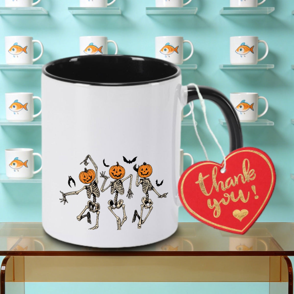 Tailorly Black Accent 11 oz Mug - Spooky Halloween Skeleton dancing with a pink handle