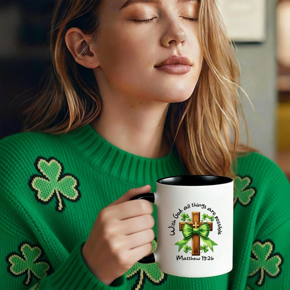 Tailorly Black Accent 11 oz Mug - cross with bow and shamrocks text