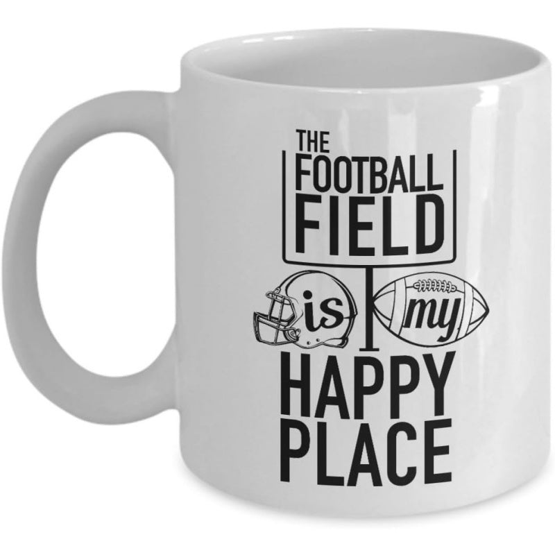 Tailorly White Ceramic 11 oz Mug - The Football Field Is My Happy Place Simple Black Graphics Showing Goalpost Helmet And Ball Mug