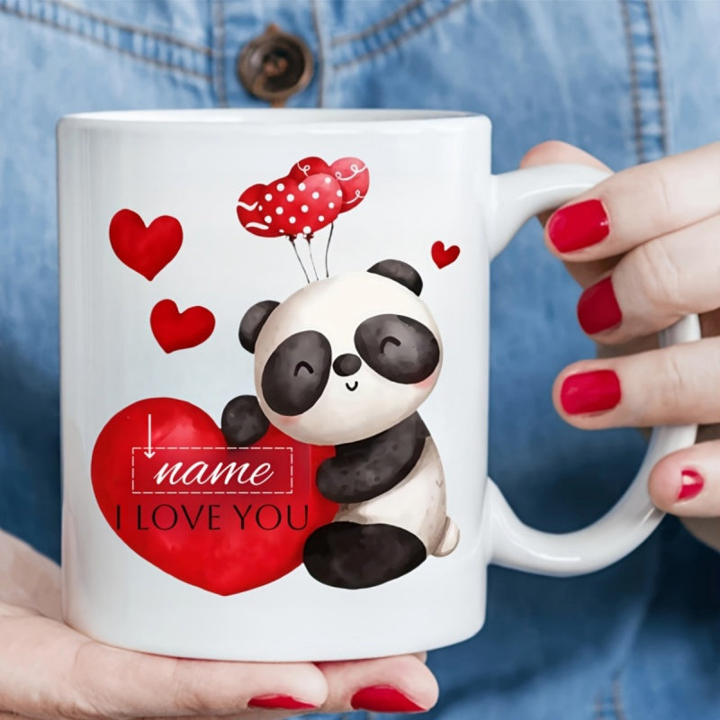 Tailorly White Ceramic 11 oz Mug - I Love You Adorable Cartoon Animal Holding A Large Red Heart With Floating Balloons Panda