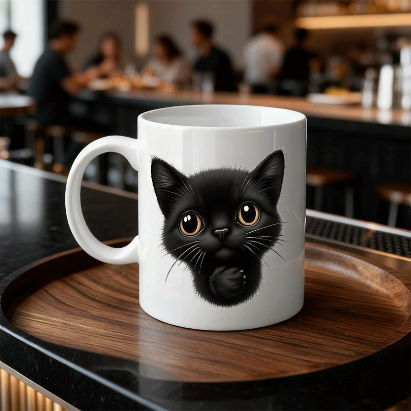 Tailorly White Ceramic 11 oz Mug - Adorable Fluffy Black Kitten Resting Paws With Wide Golden Eyes Cat