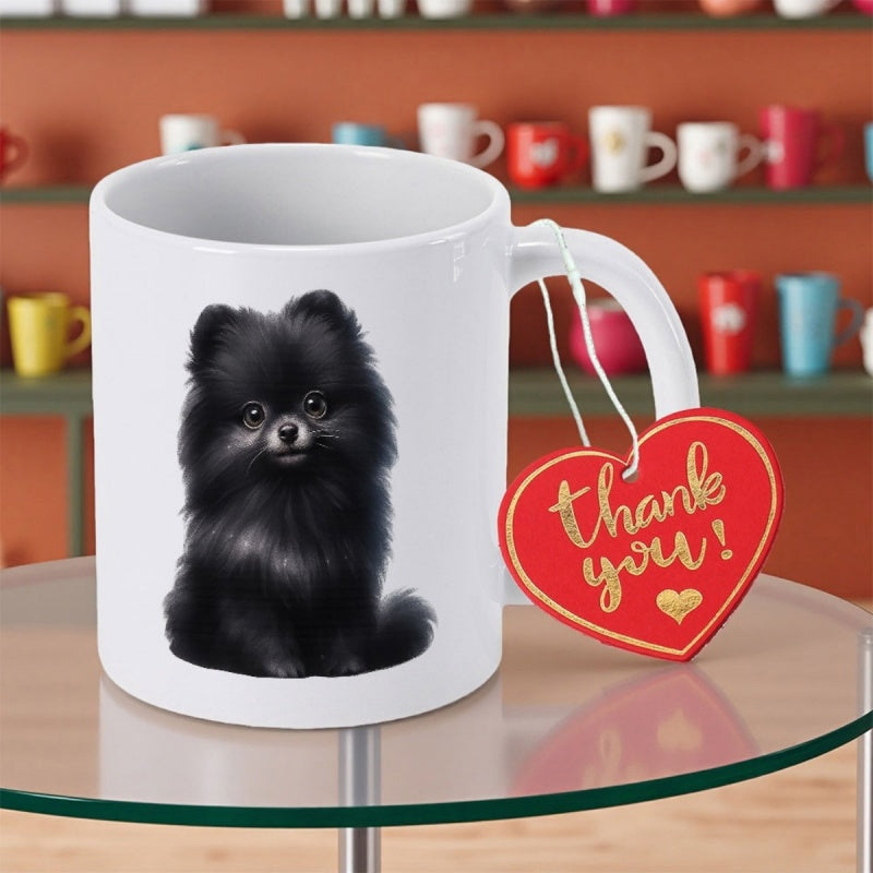 Tailorly White Ceramic 11 oz Mug - Thank You Fluffy Black Pet Dog Sitting Gracefully On A Pomeranian