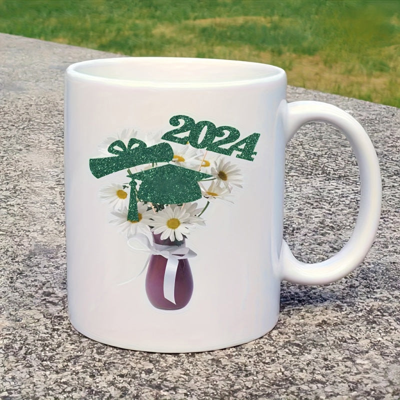 Tailorly White Ceramic 11 oz Mug - 2024 White Daisies In Purple Vase With Green Glitter Graduation Cap Mug