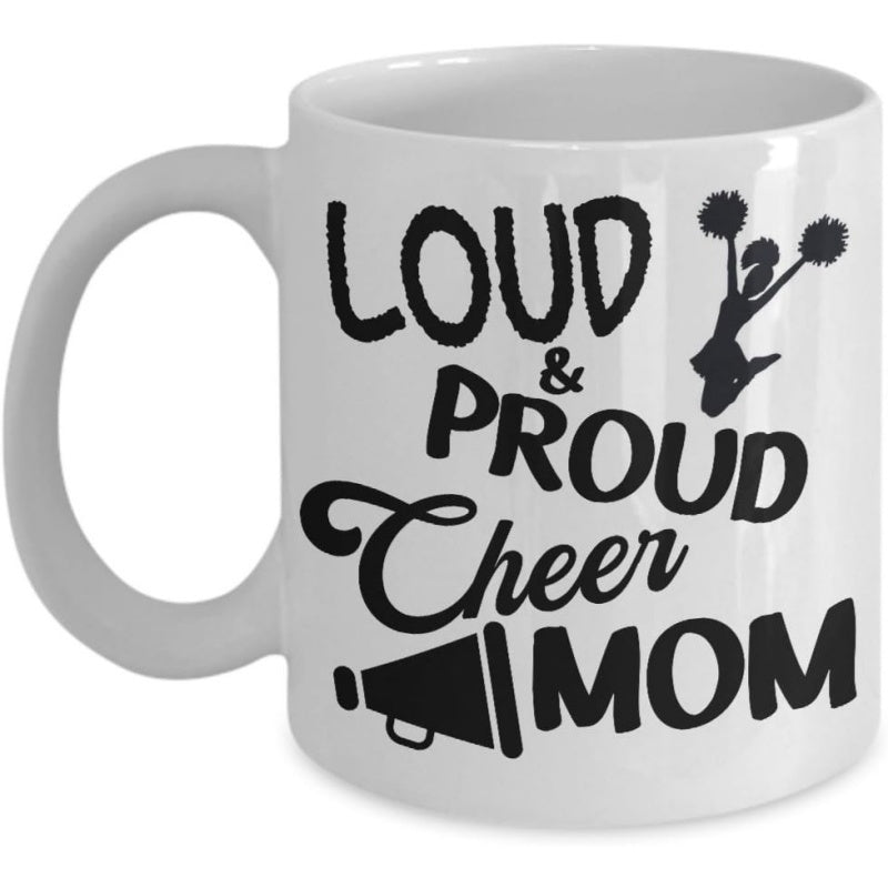 Tailorly White Ceramic 11 oz Mug - Loud Proud Cheer Mom Energetic Jumping Cheerleader Holding Pompoms Beside A Loud Sport Megaphone Silhouette