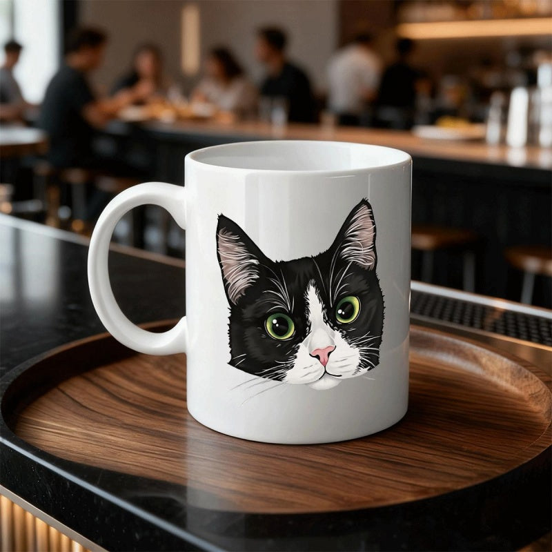 Tailorly White Ceramic 11 oz Mug - Detailed Black And White Tuxedo Feline Head With Alert Green Eyes Cat
