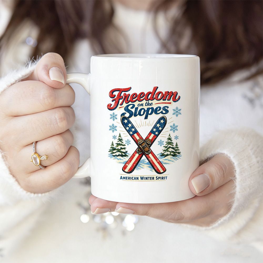 Tailorly White Ceramic 11 oz Mug - Freedom On The Slopes American Winter Spirit Vintage Crossed Patriotic Theme Featuring Stars Stripes And Snowy Pine Trees Skis