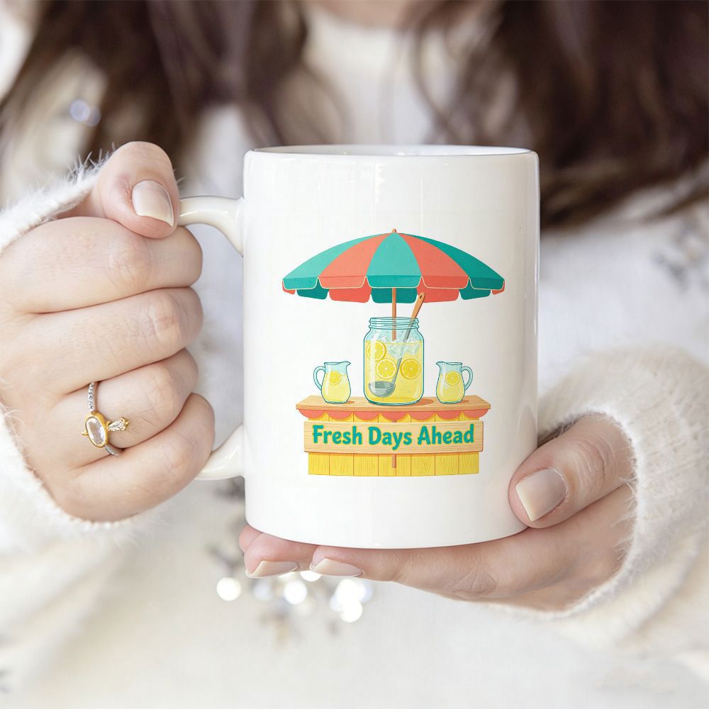 Tailorly White Ceramic 11 oz Mug - Fresh Days Ahead Vibrant Striped Umbrella Sheltering Jars Of Sweet Summer Lemonade Lemonade Stand