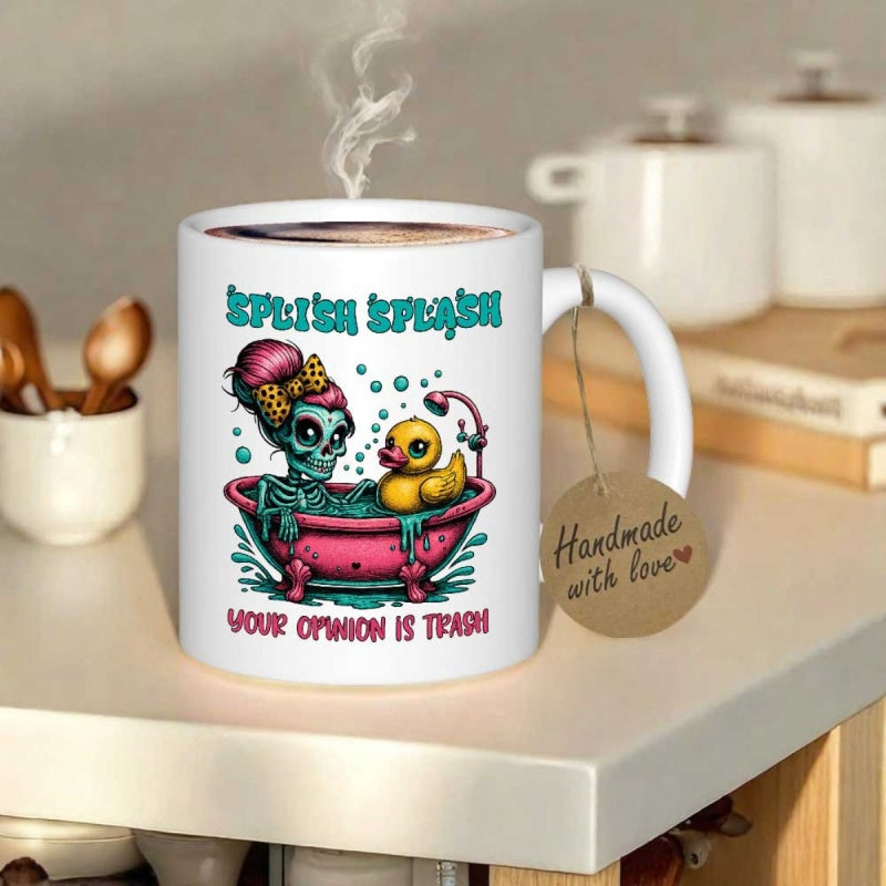 Tailorly White Ceramic 11 oz Mug - Splish Splash Your Opinion Is Trash Quirky Zombie Girl Taking Bath With Yellow Rubber Duck Skeleton