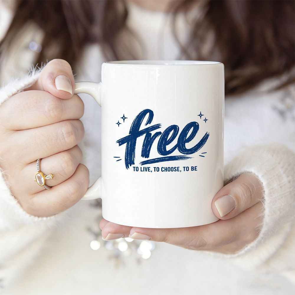 Tailorly White Ceramic 11 oz Mug - Free To Live To Choose To Be Inspirational Quote In Deep Blue Brush Strokes With Tiny Stars Script