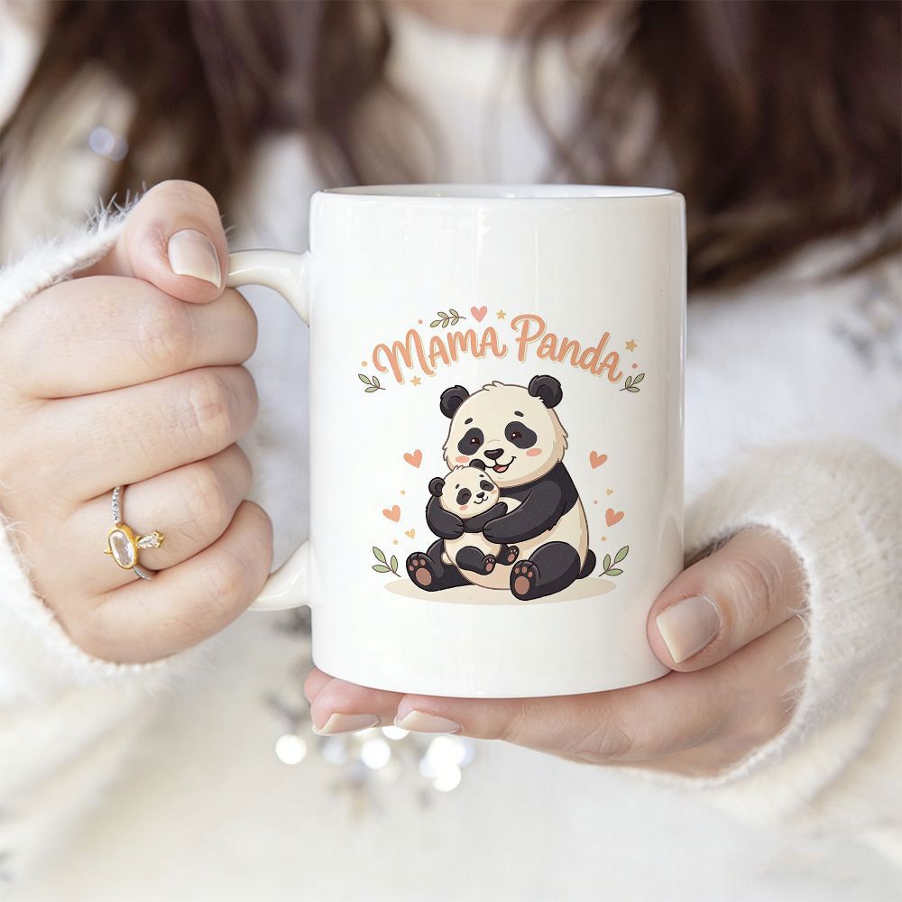 Tailorly White Ceramic 11 oz Mug - Mama Panda Adorable Cartoon Mother Hugging Baby Decorated With Tiny Hearts Panda
