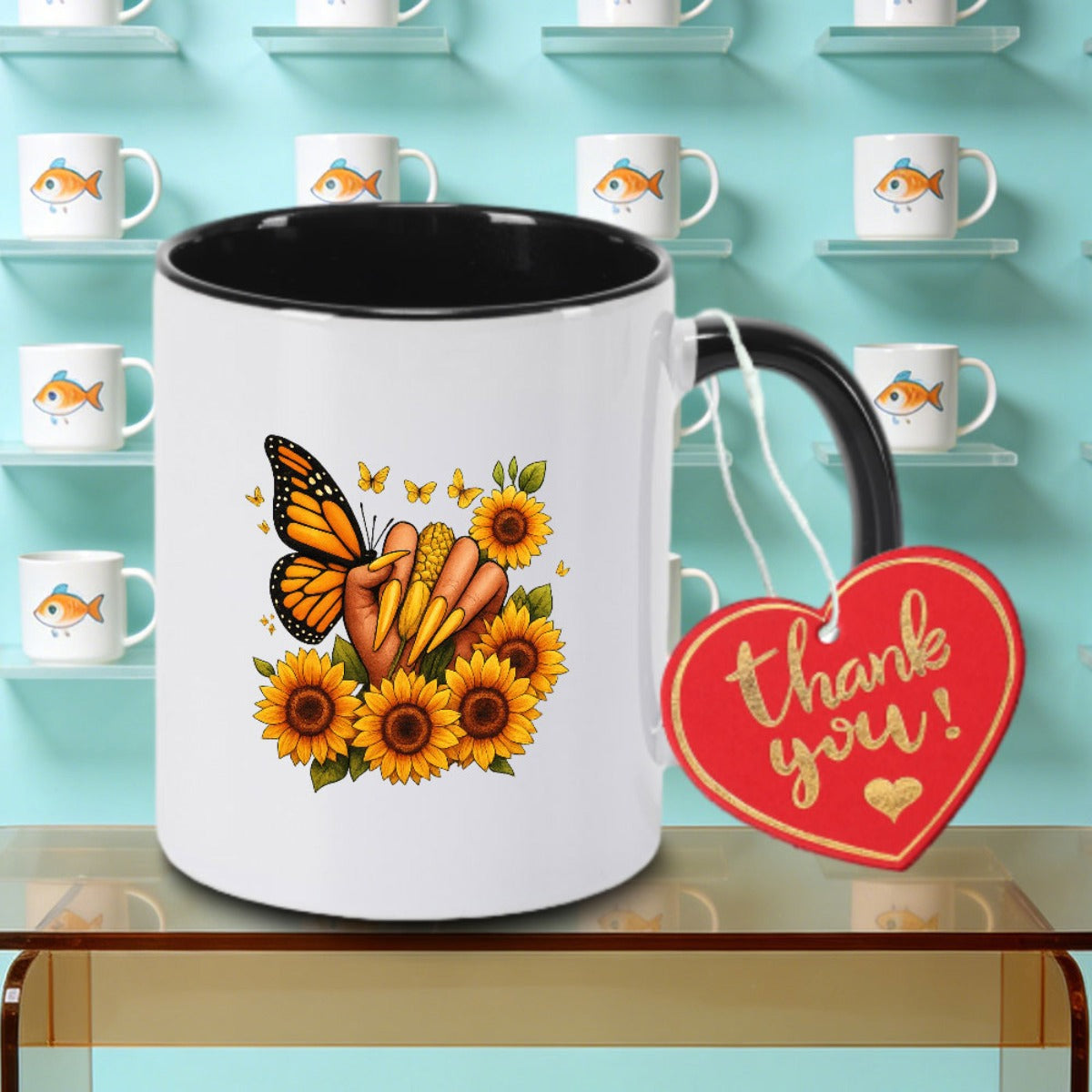 Tailorly Black Accent 11 oz Mug - Handed Pattern Festival Vibrant Print Logo