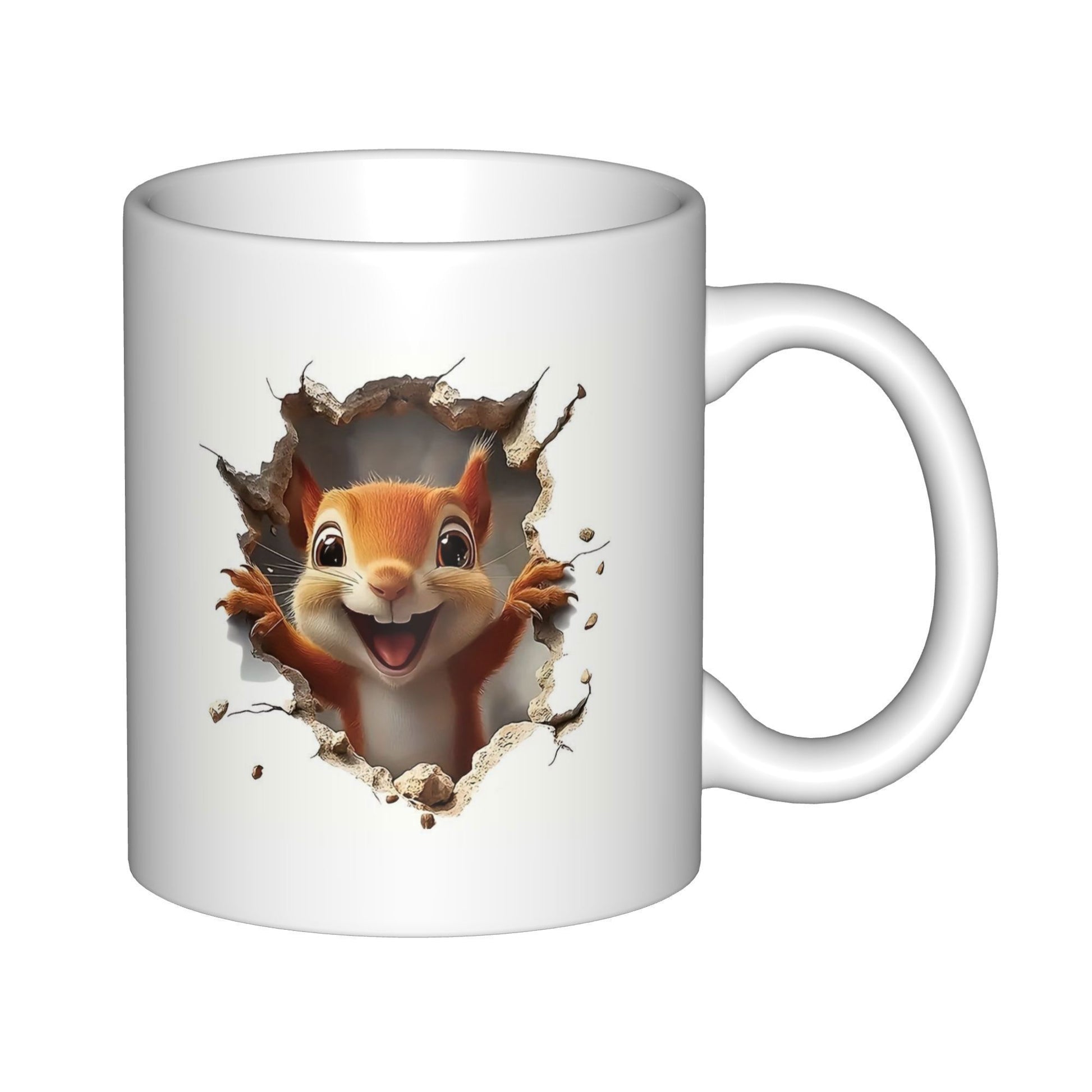 Tailorly White Ceramic 11 oz Mug - Cute Animated Creature Bursting Through A Distressed Realistic Paper Hole Effect Squirrel