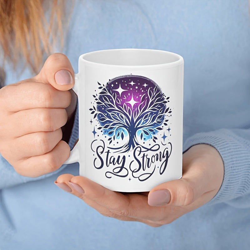 Tailorly White Ceramic 11 oz Mug - Stay Strong Intricate Branches Reaching Upward Toward Twinkling Stars Within A Celestial Galaxy Tree