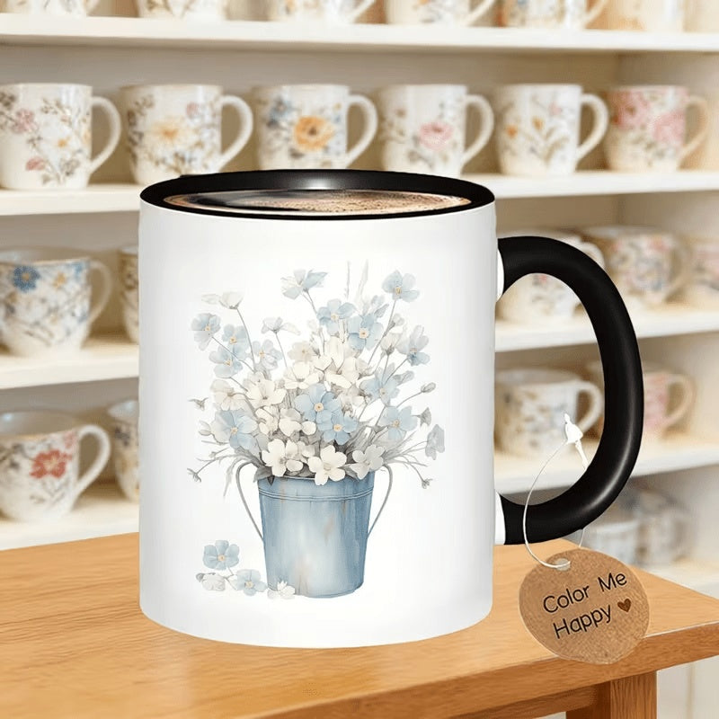 Tailorly Black Accent 11 oz Mug - vintage blue and white hydrangea design
